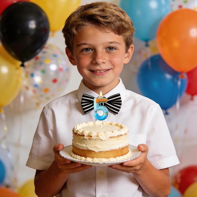 Number 5 Birthday Candle for Cake – Blue Cartoon Outfit Style with Bow Tie, Question Mark & Star Pattern – Fun Cake Topper Decoration for Celebration