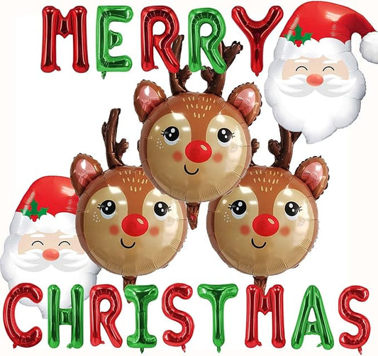 Christmas Balloons Red Green Merry Christmas Foil Balloon Letter Santa Claus Reindeer Balloons for Reindeer Themed Party Decoration Supplies Birthday Decor Ballons Arch Kits Party Balloon Set 19pcs