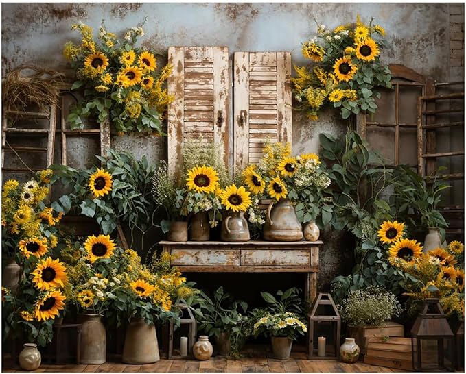 Kate 10x8ft Yellow Sunflowers Backdrops for Photography Rustic Brick House Background Bridal Baby Shower Sweet Birthday Party Decoration Studio Backdrop