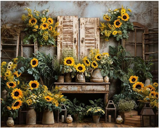 Kate 10x8ft Yellow Sunflowers Backdrops for Photography Rustic Brick House Background Bridal Baby Shower Sweet Birthday Party Decoration Studio Backdrop