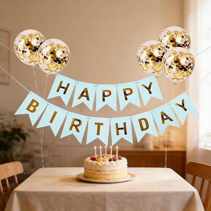 Happy Birthday Banner Sign Bunting Hanging Decorations with Shiny Gold Balloons Birthday Party Sign Decor for Party Supplies(Blue)