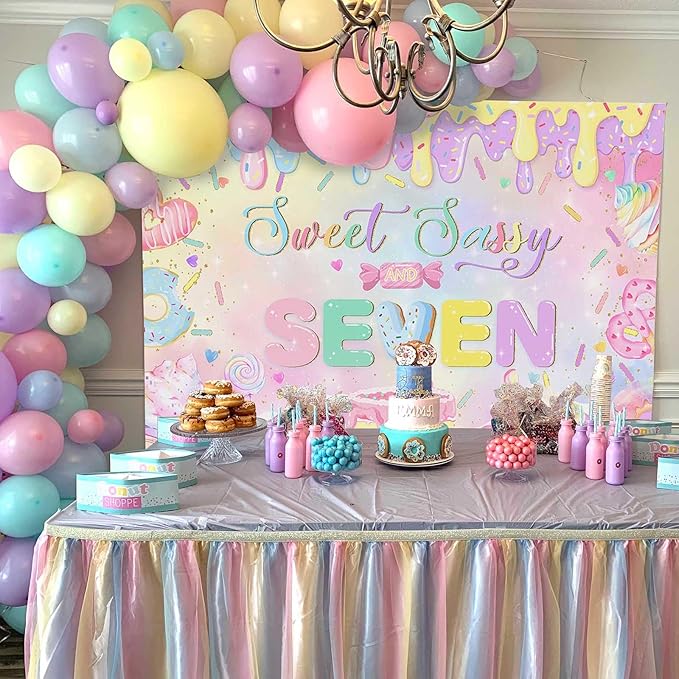 Mocsicka Donut 7th Birthday Banner Backdrop Sweet Sassy and Seven Birthday Party Decorations Banner for Girls Seven Birthday Party Banner for Phogography (Pink, 10x7ft(120"x82"))