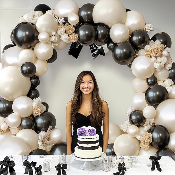 Black and White Balloons Arch Kit - 119 PCs Double Stuffed Cream and Black Balloons Garland Pearl White Sand Beige Ivory Balloons for Graduation Wedding Coquette Birthday Party Decorations