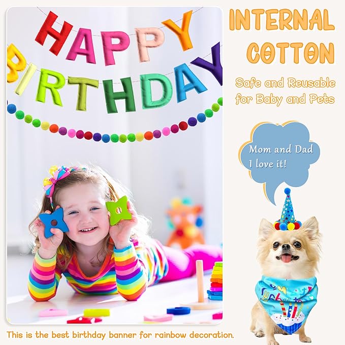 4PCS Pre-Strung Happy Birthday Banner - Felt Happy Birthday Garland, Ball Garland, Felt Pennant Flag, Colorful Thread Tassel Rainbow Party Decorations for Women Men Kids