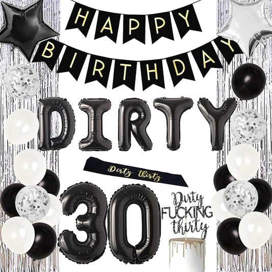 30th Birthday Party Decorations Silver and Black, Dirty Thirty Banner Balloon Dirty 30 Sash Cake Topper for for Her Him 30 Years Old Birthday Party Supplies