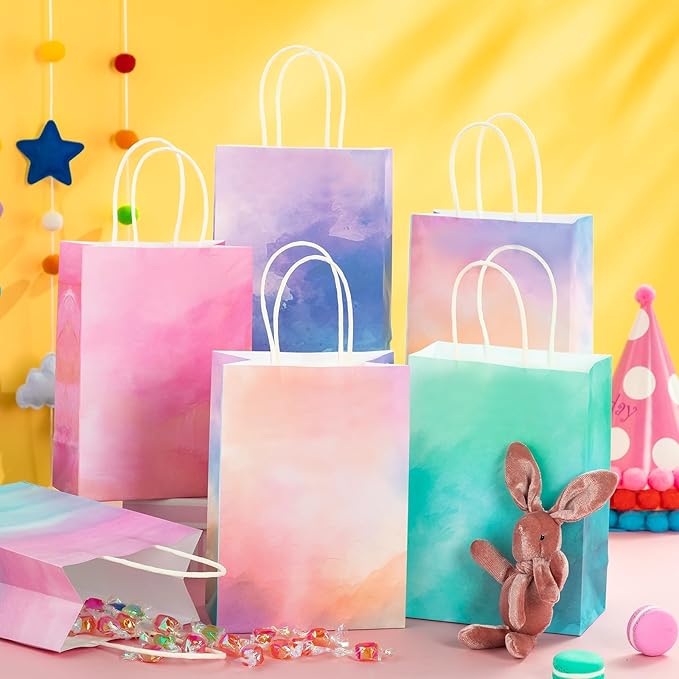 Humyoun 24 Pcs Pastel Gift Bags Paper Goodies Bags with Handles Watercolor Tie-Dye Candy Treat Gifts Wrapping for Baby Shower Wedding Birthday Party Supplies