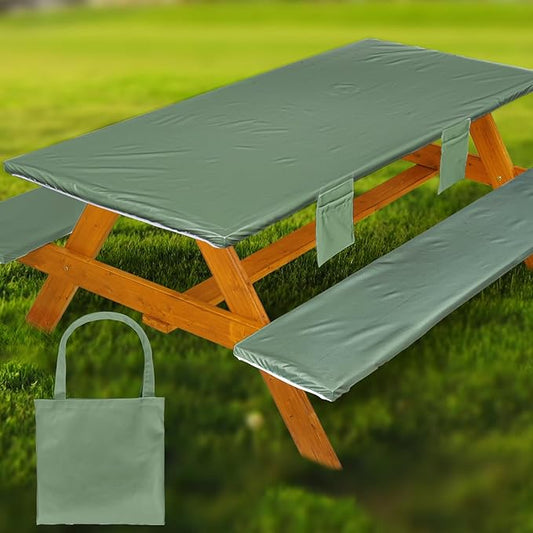 Picnic Table Cover with Bench Covers Vinyl Elastic Edges Fitted Rectangle Seat Tables Waterproof 3-Piece72X30in Set Outdoor Rectangular Folding Backing Tablecloth for Camping Over Size