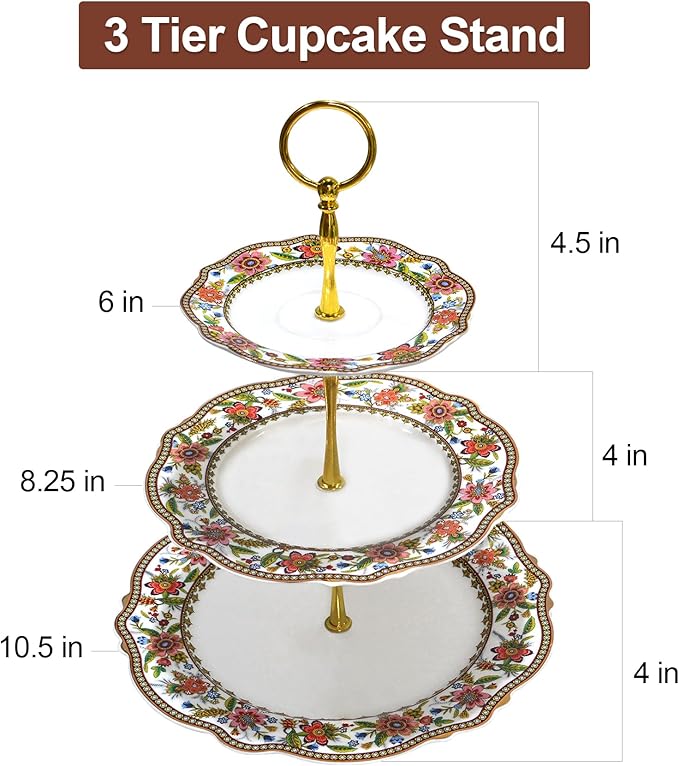ACMLIFE 3 Tier Cupcake Stands for Dessert Table, Vintage Floral Round Cupcake Stand, Bone China Cake and Cupcake Stand for Party, Birthday, Weddings, Pink