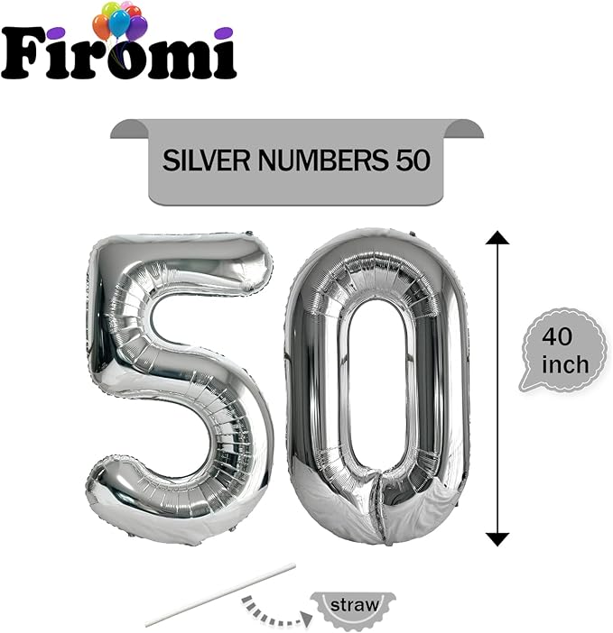 FIROMI 50 Number Balloons Silver Big Giant Jumbo Huge Foil Mylar 50 Balloon Numbers for 50th Birthday Party Anniversary Events Decorations 40-inches