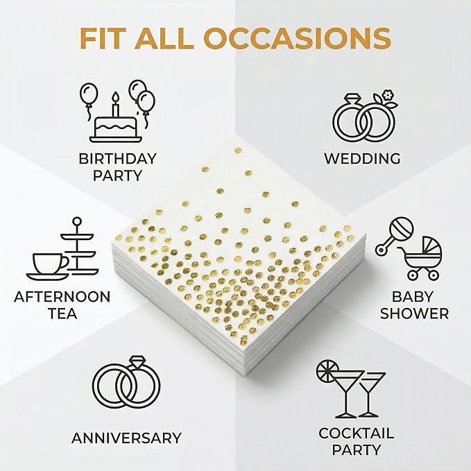 Gold Foil Cocktail Napkins 100 Pack, 3-Ply Disposable Paper Napkins, 5x5 Inch Beverage Napkins for Wedding, Bridal Shower, Birthday Party, White with Gold Dots