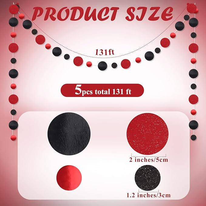 Outus 5 Pieces Black,Red Round Dots Garland Graduation Party Hanging Decor Each Length 13.1ft Glitter Paper Dot Streamers for Birthday Wedding Classroom Supplies