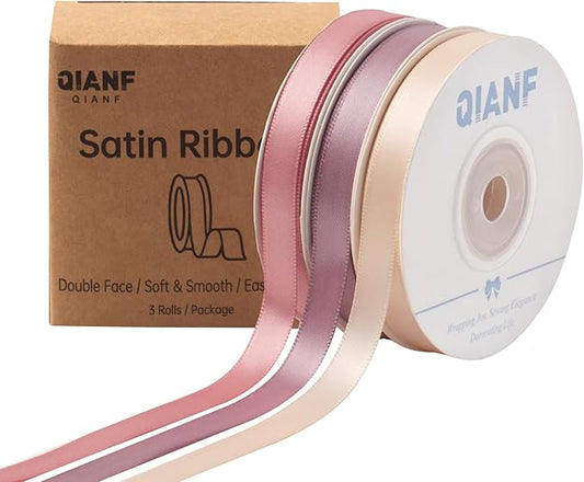 QIANF Dusty Rose Double Face Satin Ribbon 3/8 Inch x 45 Yards Champagne Pink/Rose Gold/Mauve Fabric Ribbon for Gift Wrapping, Flower Bouquets, Bows Making, Wedding Decor (3 Rolls *15Yd)