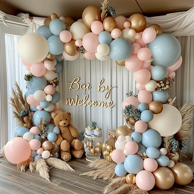 Dusty Pink Blue Balloons Set, 60 Pcs Gender Reveal Balloons, Retro Blue Pink Slate Blue Beige Ivory White Clear Latex Balloon Helium for Boy or Girl Birthday Neutral Baby Shower Party Decorations