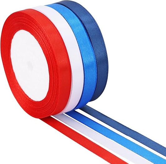 TONIFUL 4 Rolls 100 Yards Patriotic Ribbons, 3/8 Inch Wide Blue Red White 4th of July Satin Ribbons for Gift Wrapping, Independence Day Crafts, Patriotic Party Decorations