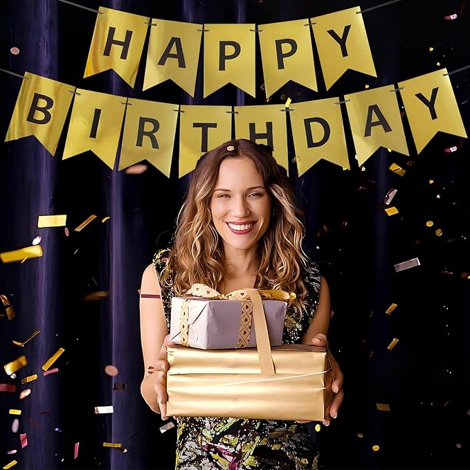 Gold Happy Birthday Banner,Pre-Strung Gold and Black Birthday Party Decorations,16ft Hanging Sign for Kids, Girls, Boys, Women – No DIY, Backdrop Supplies