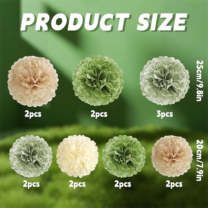 Olive Sage Green Tissue Paper Pom Poms Safari Jungle Party Decorations Paper Flowers Decorations Natural Green Boho Hanging Décor for Birthday Baby Shower Bridal Wedding Party Supplies