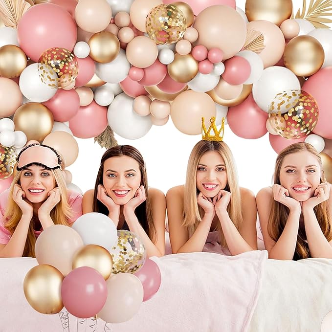 Pink White Balloon Arch Kit, Retro Pink Nude Matte White Metallic Gold Balloons and Gold Confetti Balloons for Valentines Day Boho Engagement Wedding Bridal Shower Birthday Decorations