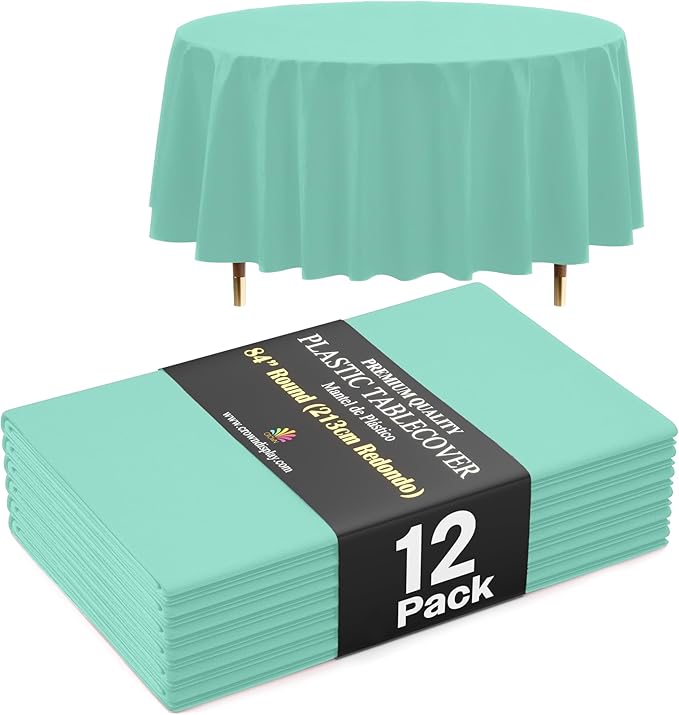 Exquisite 66% Thicker Premium Mint Round Tablecloth 0.5 Mil 12 Pack Plastic Table Cloth Disposable 84 Inch Round Plastic Tablecloth Won't Tear Easily Like Cheap Thin Brands