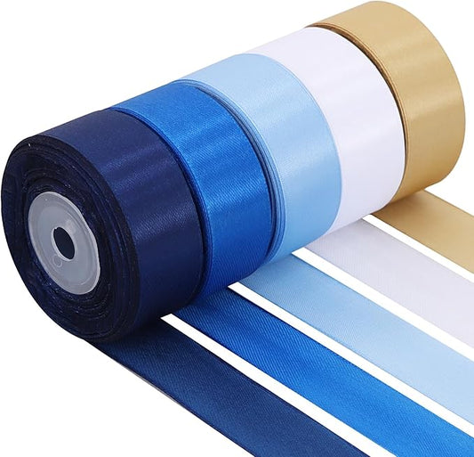 TONIFUL 1 Inch 5 Rolls Blue Gold White Ribbon, Assorted Graduation Satin Ribbons for Gifts Wrapping, Flower Bouquets, Bows, Crafts,Birthday, Graduation Leis, Baby Shower Decoration(25 Yards/Roll