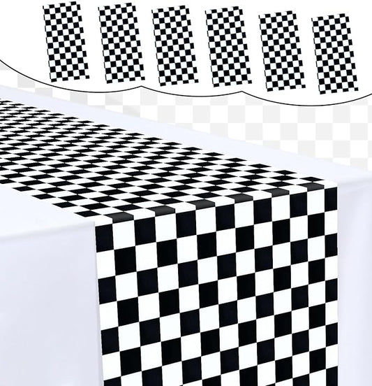 6 Pcs Black and White Checkered Table Runner 14 x 108 Plastic Table Runner for Race Car Theme Party Birthday Baby Shower Disposable Table Runner