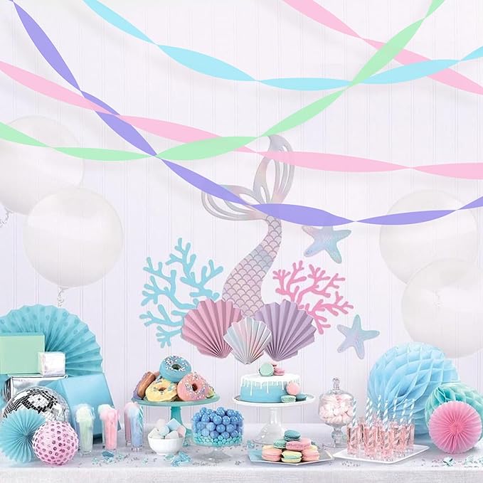 8 Rolls Crepe Paper Streamers, Blue, Purple, Pink and Green Streamers Party Decorations for Mermaid Party Birthday Baby Shower Bridal Shower Wedding Lavender Party