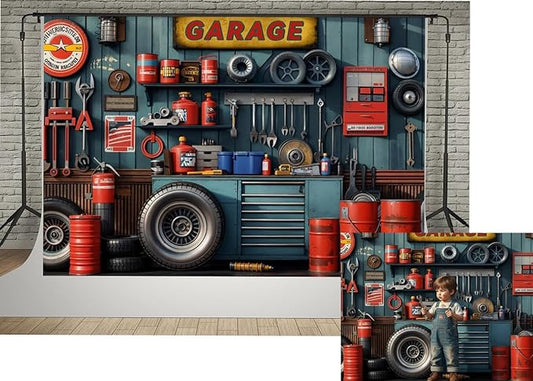Kate Vintage Garage Photography Backdrops 7x5ft Retro Auto Repair Shop Background Microfiber Polyester for Boys Birthday Party Mechanic Themed Photoshoot Backdrop Studio Props