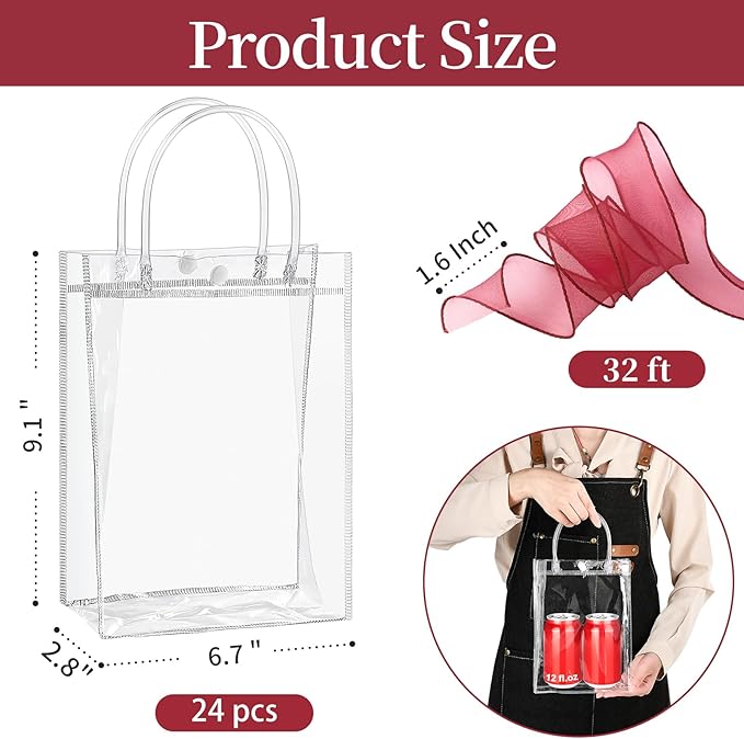 Jutieuo 24 PCS Clear Gift Bags with Handles, 6.7 x 9.1 x 2.8 Inches Reusable Plastic Goodie Bag Transparent Party Favor Bags Bulk for Weddings Birthdays Events, Classrooms & Celebrations