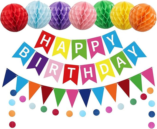 Happy Birthday Banner, Rainbow Birthday Banner with Triangle Bunting, Honeycomb Balls and Circle Dot Garland, Birthday Decorations for Women Men Boys Girls