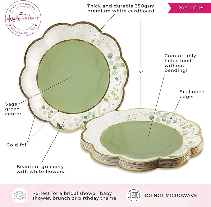 Kate Aspen Sage Green Party Decorations, Eucalyptus Floral Print 7 in. Decorative Premium Paper Plates (350 GSM weight -Set of 16) - Perfect for Greenery Baby Shower & Bridal Showers