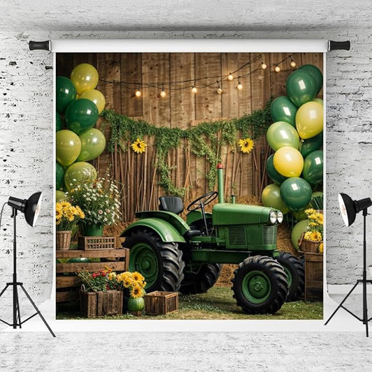 Kate Green Balloon Tractor Photo Backdrop Summer Sunflowers Background Farmhouse Barnyard Birthday Party Photo Background Studio Props,6.5x6.5ft