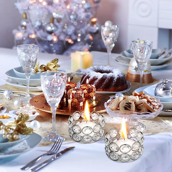 Potchen 30 Pieces Crystal Tealight Candle Holders Bulk, Votive Candle Holder Stands with Diamond Design for Table Centerpieces Wedding Party Home Decor and Holiday Favors (Silver)