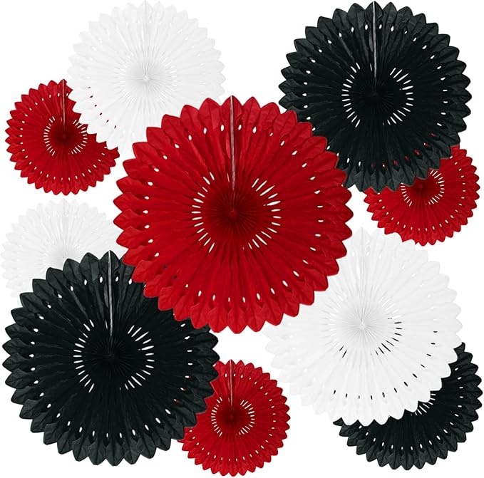 18 Pcs Black Red White Hanging Honeycomb Paper Fans, Round Paper Fan Decorations for Weddings, Birthdays, Bachelorette, Photo Booth Backdrops, Baby Shower, Anniversary Events Party Supplies