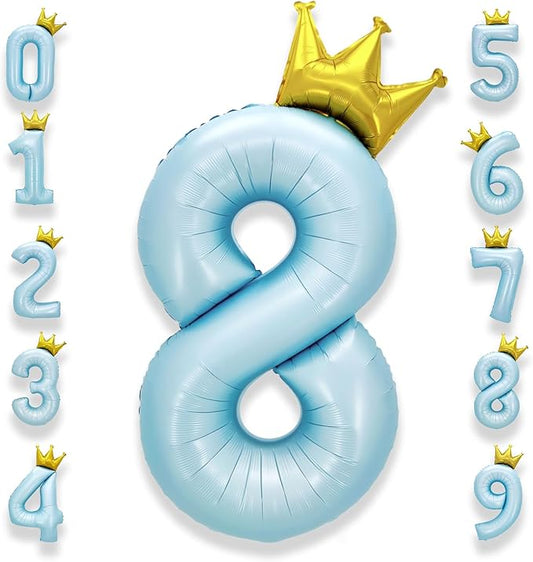AULE 40 Inch Big Light Blue 8 Balloon Number with Crown Large Foil Helium Number Balloons 0-9 Jumbo Giant Happy 8th Birthday Party Decorations Huge Mylar Anniversary Party Supplies