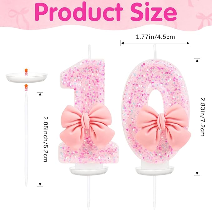 Number 10 Birthday Candle, Pink Bow Birthday Candles, Glitter Candle Cake Topper, Happy Birthday Cake Decoration Gifts, Anniversary Party Supplies for Girl