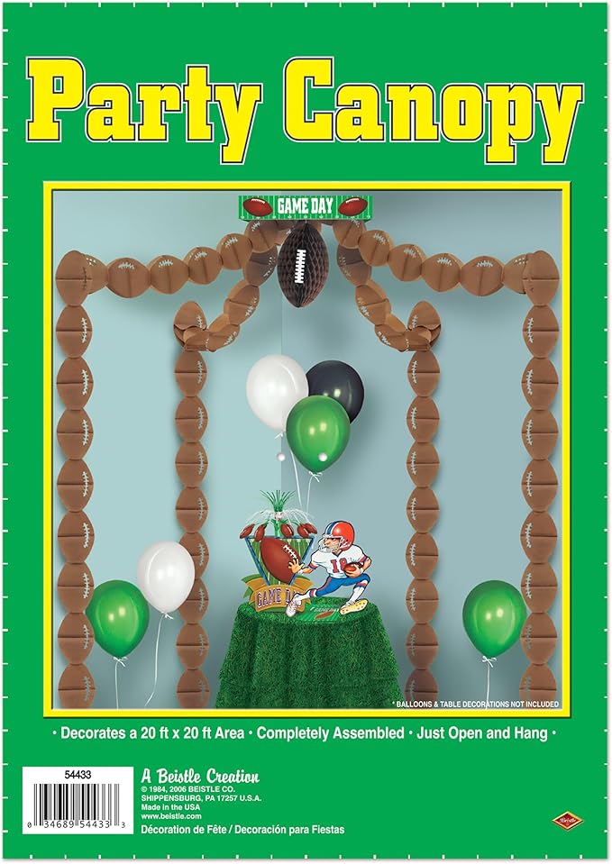 Beistle Paper Football Canopy for Game Day Parties – Sports Decorations, 20' x 20', Brown/Green/White