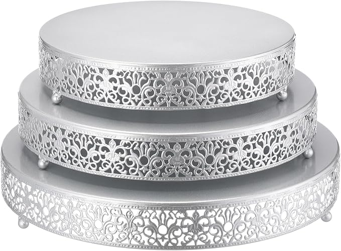Wenqik 3 Pcs 16'' 14'' 12'' Metal Silver Cake Stand Round Cake Stands for Dessert Table Cookies Fruit Serving Tray Cupcake Dessert Pastry Riser for Wedding Birthday Party and Events