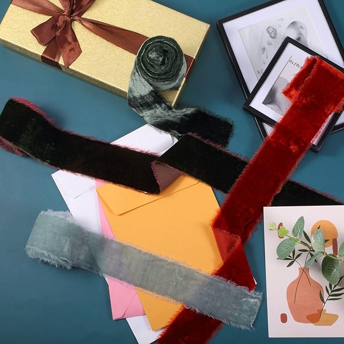 Canlierr 4 Roll Valentine's Day Silk Velvet Ribbon for Gift Wrapping Fringe Fabric Frayed Velvet Ribbon Raw Edge for Valentine Day Party Wedding Decor Bouquet Basket Hair(Classic Color,2 in X 8 yd)