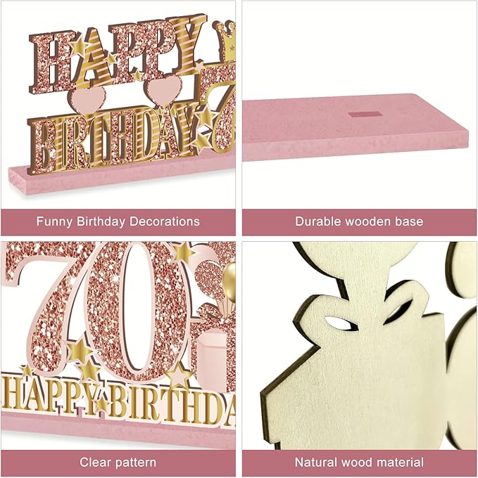 4 Pieces 70th Birthday Decorations Wooden Vintage 1956 Table Centerpieces for Women, Pink Rose Gold Cheers to 70 Years Table Sign Party Supplies, Hello 70 Years Old Bday Table Decor
