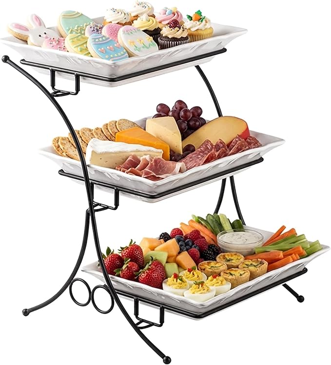 YHOSSEUN Large Tiered Tray Stand, 3 Tier Serving Tray Porcelain Baking Set with Serving Stand 3 Tier Buffet Server for Fruit, Dessert, Food Display Stand for Party, Thanksgiving