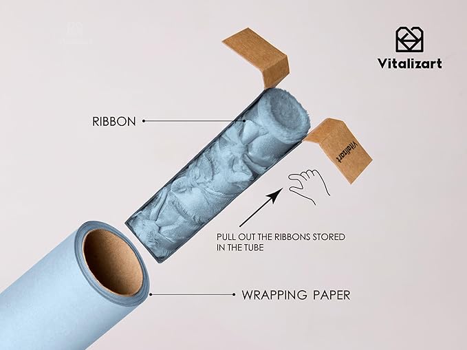 Vitalizart Dusty Blue Wrapping Paper Set 17" Pearly-Lustre With Silk Like Satin Ribbon & Gift Tags Recyclable Christmas Gift Wrapping Birthday Baby Shower Wedding Handmade Crafts 197"(16.4 Ft)