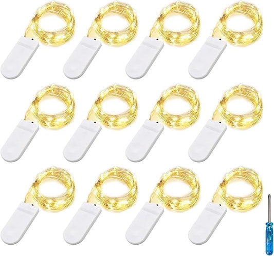 BXROIU Fairy Lights CR2032 Battery Operated,6.6Ft/2Meter 20 LEDs Micro Silver Wire String Lights for Bedroom Christmas Party Wedding Decoration(Warm White, 12 Pack)