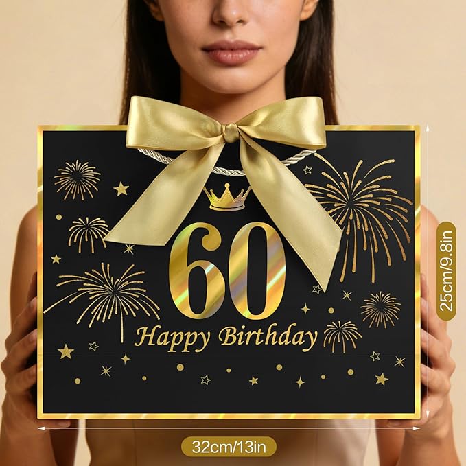 JMANNI Black Gold 60th Birthday Gift Bag with Card and Tissue Paper, 12.6"×9.84"×3.9" Elegant Present Bag for Men Women, 60 Year Old Birthday Keepsake Party Supplies