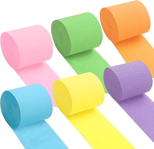 Oubest Pastel Crepe Paper Streamers 6 Rolls, 3" x 50ft Each, Colorful Streamers Party Backdrop Decorations for Birthday, Baby Shower, Wedding, Bachelorette Party, Bridal Shower, Christmas, DIY Crafts