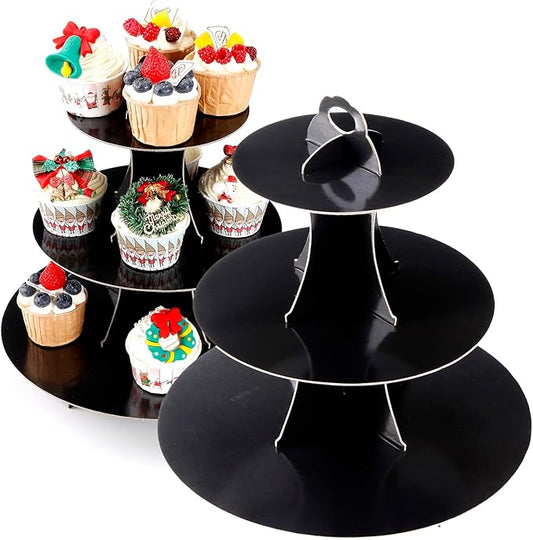 YLDW Cupcake Stand 2Pcs, 3-Tier Cupcake Stand Display, Cardboard Cup Cake Tower Stand, Disposable Dessert Stand for Birthday Tea Party Baby Shower Treat Decorations, Black