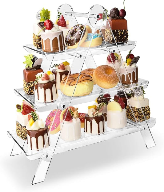 3 Tier Serving Tray, Cupcake Stand Party Serving Decorative Tray Decor with 2m Light String, Reusable Collapsible Tiered Serving Tray for Birthday Tea Wedding Party Baby Shower Christmas (Acrylic)