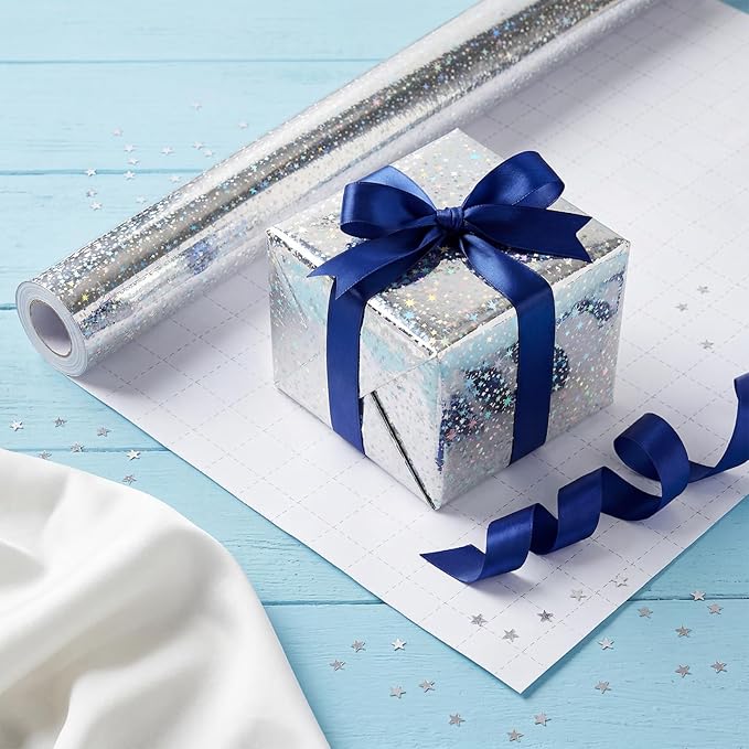 Bafeil Silver Star Wrapping Paper Roll - Metallic Holographic Gift Wrap with Ribbon for Birthday, Mothers Day, Graduation, Wedding, Engagement, Baby Shower, 17 IN x 32.8 FT