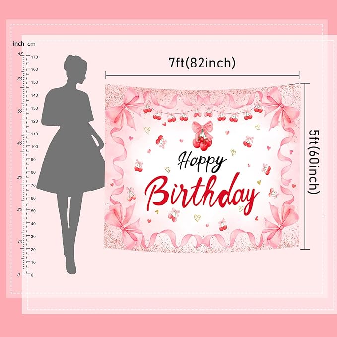 Mocsicka Cherry Happy Birthday Backdrop Cherry Theme Birthday Party Decorations Banner Red for Girls Cherries Fruit Theme Party Photography Backgorund Supplies (Pink, 6x4ft(72"x48"))