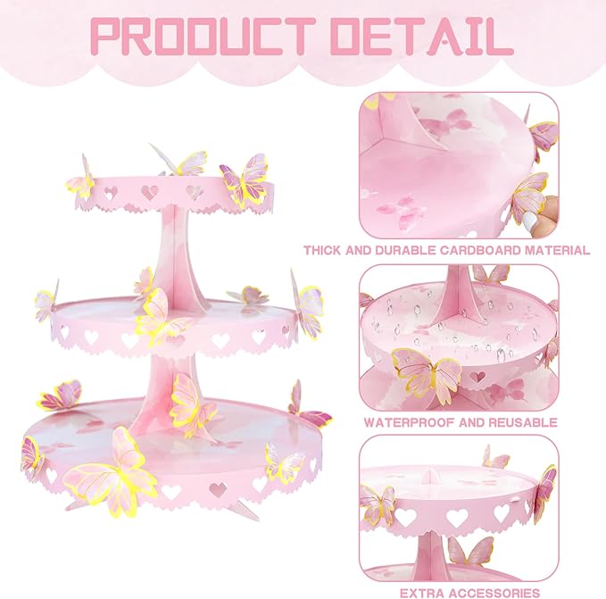 DIY 3 Tier Butterfly Cupcake Stand Pink Butterfly Decorations Princess Cupcake Stand Dessert Tower for Wedding Birthday Party Supplies