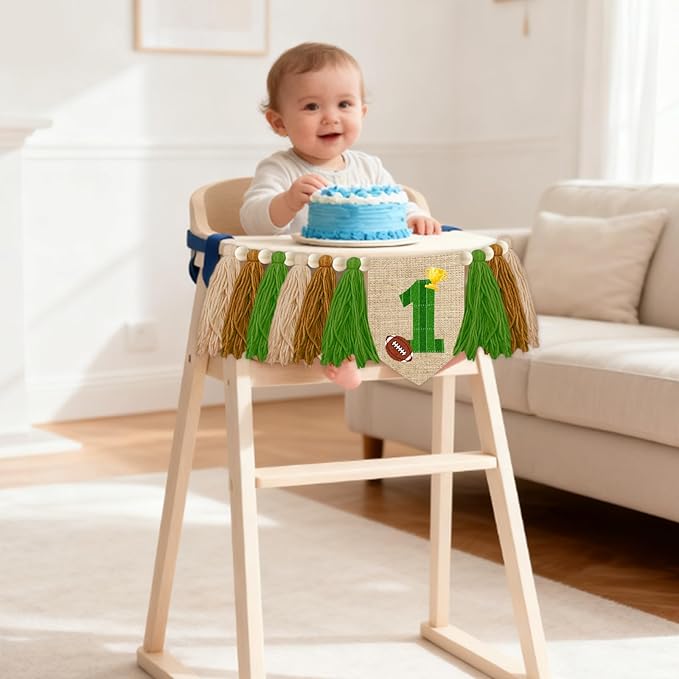 Football Theme 1st Birthday High Chair Banner Green and Brown Yarn Tassel Garland 1 Year Old Birthday Party Decoration with Football Gold Trophy Patterns and Wood Beads for Photo Booth Props