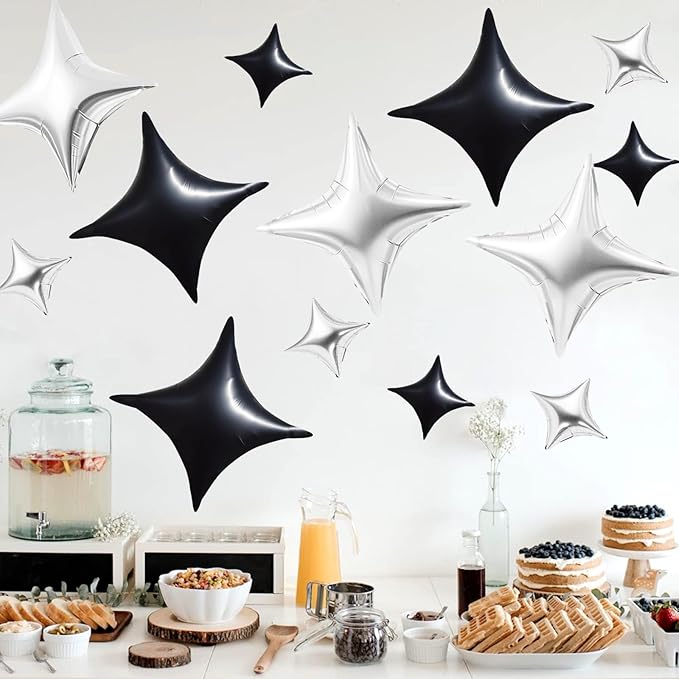 TONIFUL 30Pcs 26In&10In Star Balloons Black and Silver Four Pointed Foil Mini Star Mylar Balloons for Birthday Wedding Baby Shower Anniversary Engagement Party Decor Supplies